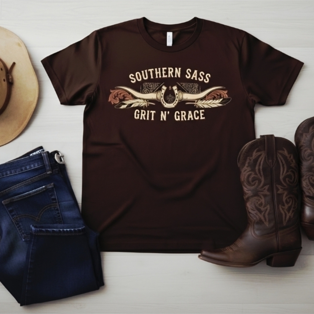 Southern Sass Grit N’ Grace Western Graphic Tee • Country Cowgirl Boho Shirt